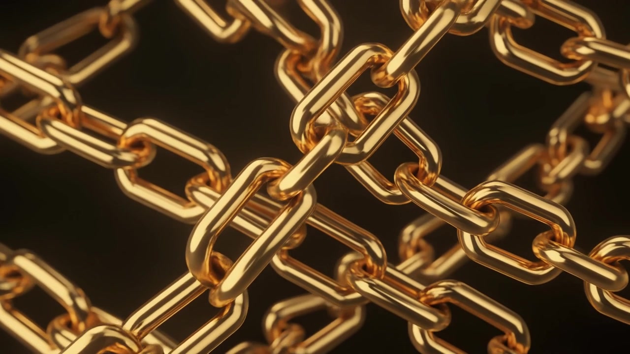 Primer plano de cadenas doradas entrelazadas girando sobre un fondo oscuro