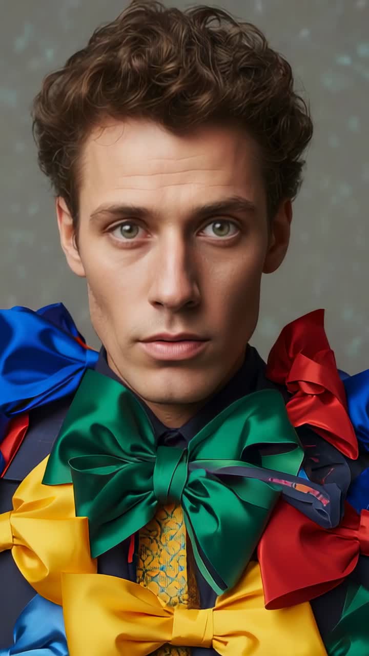 Vertical video: Model holding gaze on camera start, wearing bow ties, necktie and shirt in studio
