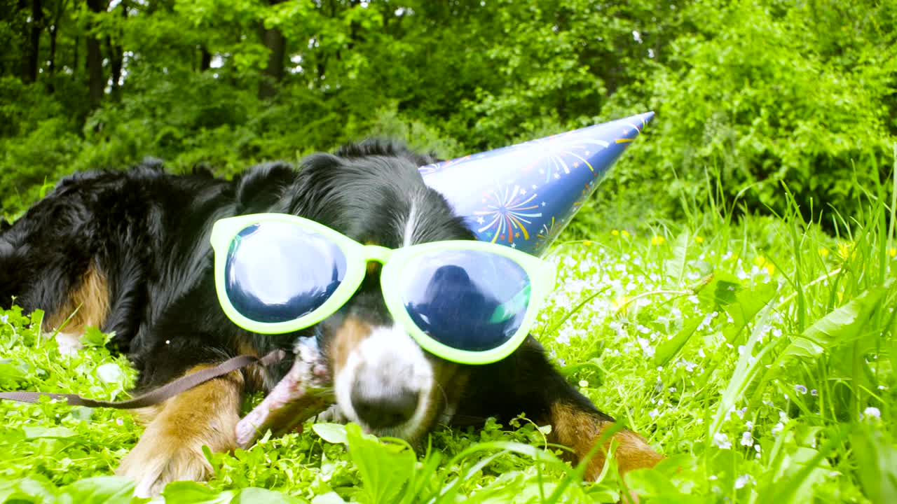 お祝いの帽子をかぶった犬が骨を食べている。