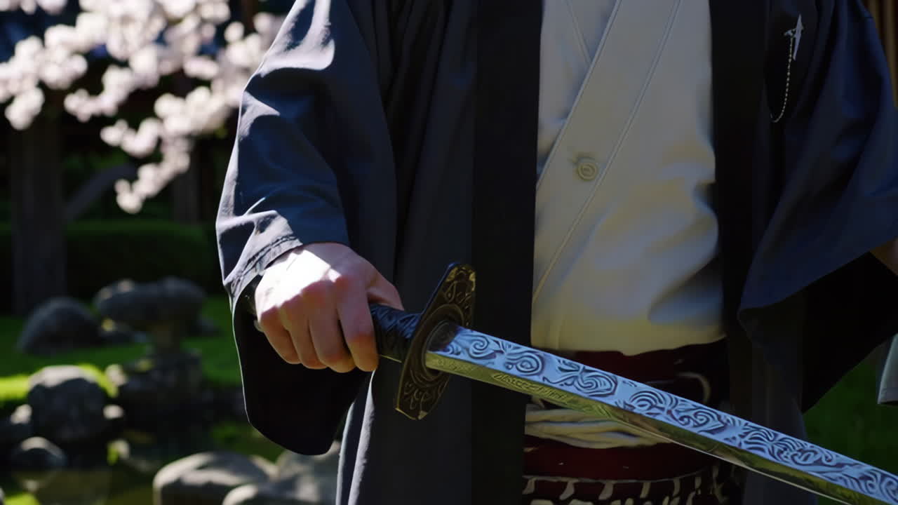 Samurai with Katana in a Japanese Garden