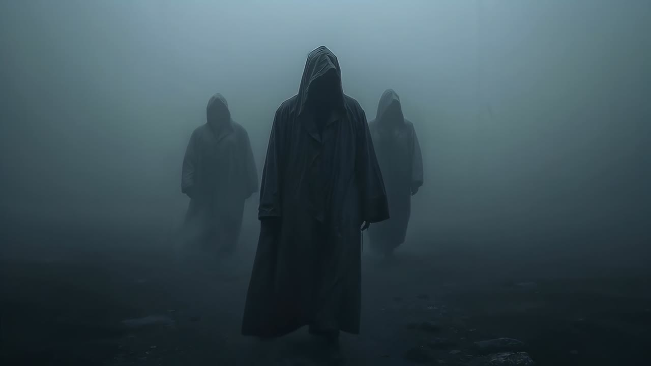 Nebbia che si sposta, figura incappucciata centrale che si avvicina alla camera in un campo brullo, con mantelli scuri