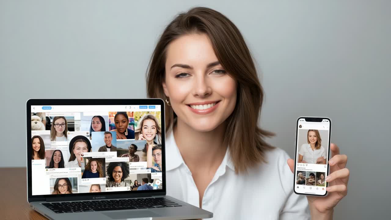 Smiling woman in white shirt holding laptop and raising smartphone at studio, demonstrating call