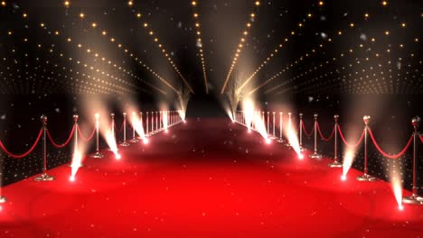 Animation-of-snowflakes-falling-over-red-carpet-venue-with-moving-spotlights