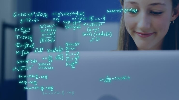 Animation of equations and data processing over caucasian female student studying