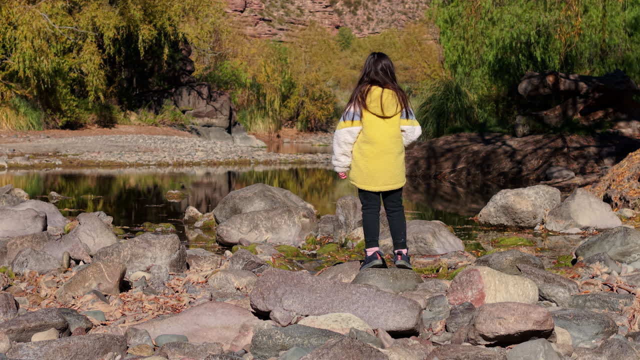 Serene right-gliding shot captures child’s playful rock toss, ripples expanding across the pond surrounded vegetation. Ideal for family or nature content.