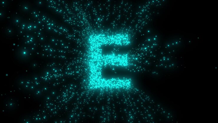 Animation af lysende cyan partikelbogstav E