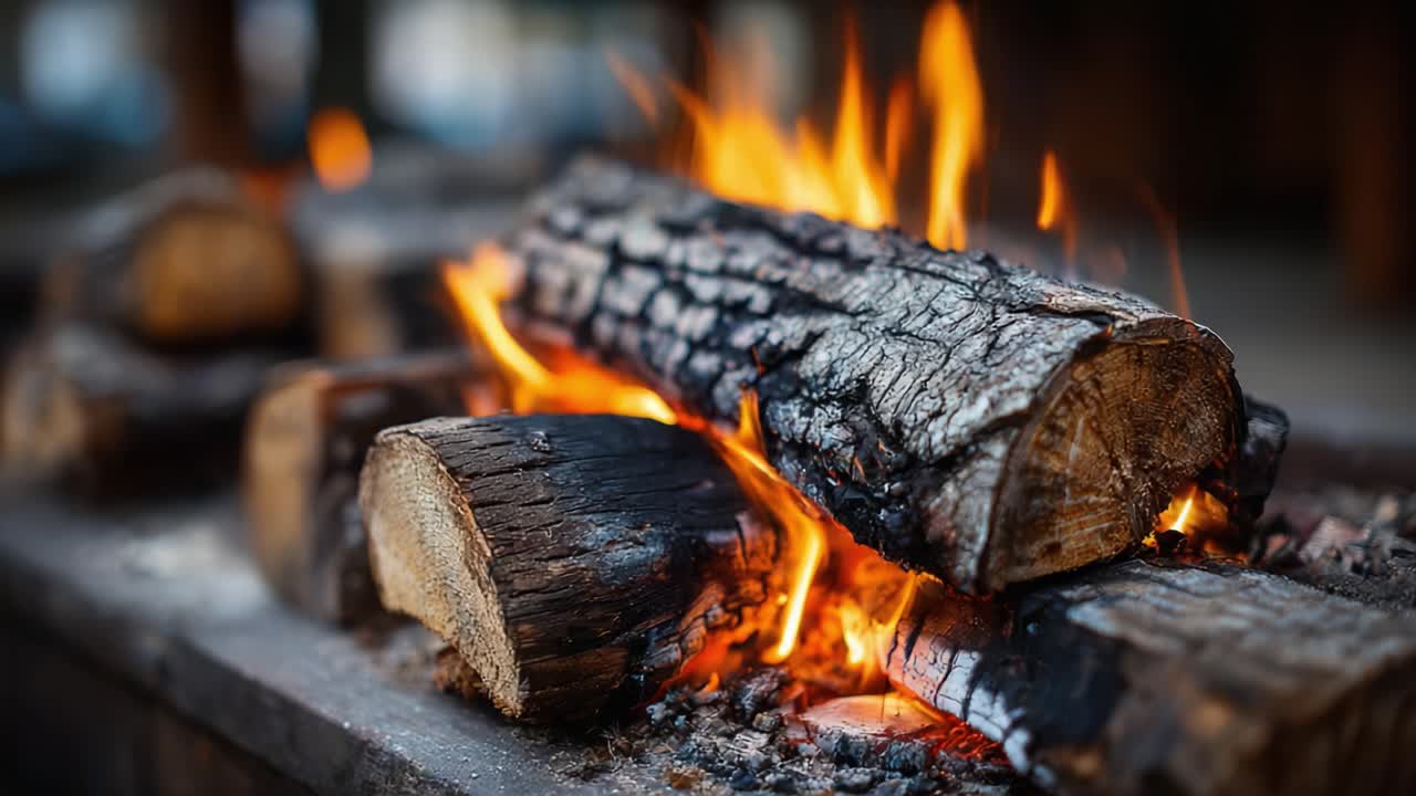 A Captivating View of a Crackling Fire with Flames Dancing Around Charred Logs on a Rustic Surface, Evoking Warmth and Comfort in the Great Outdoors