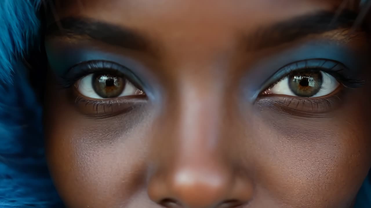 A close up of a woman with blue fur on her head