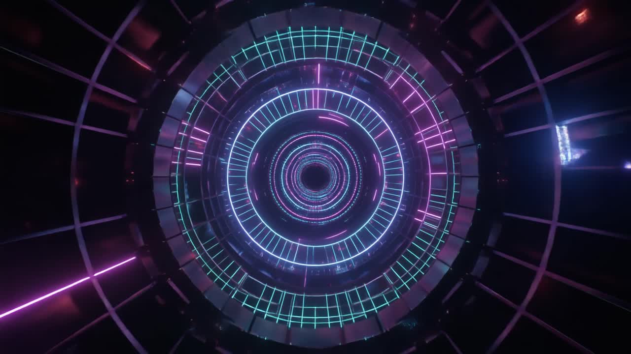 Tunnel Digitale Futuristico con Anelli al Neon Scintillanti