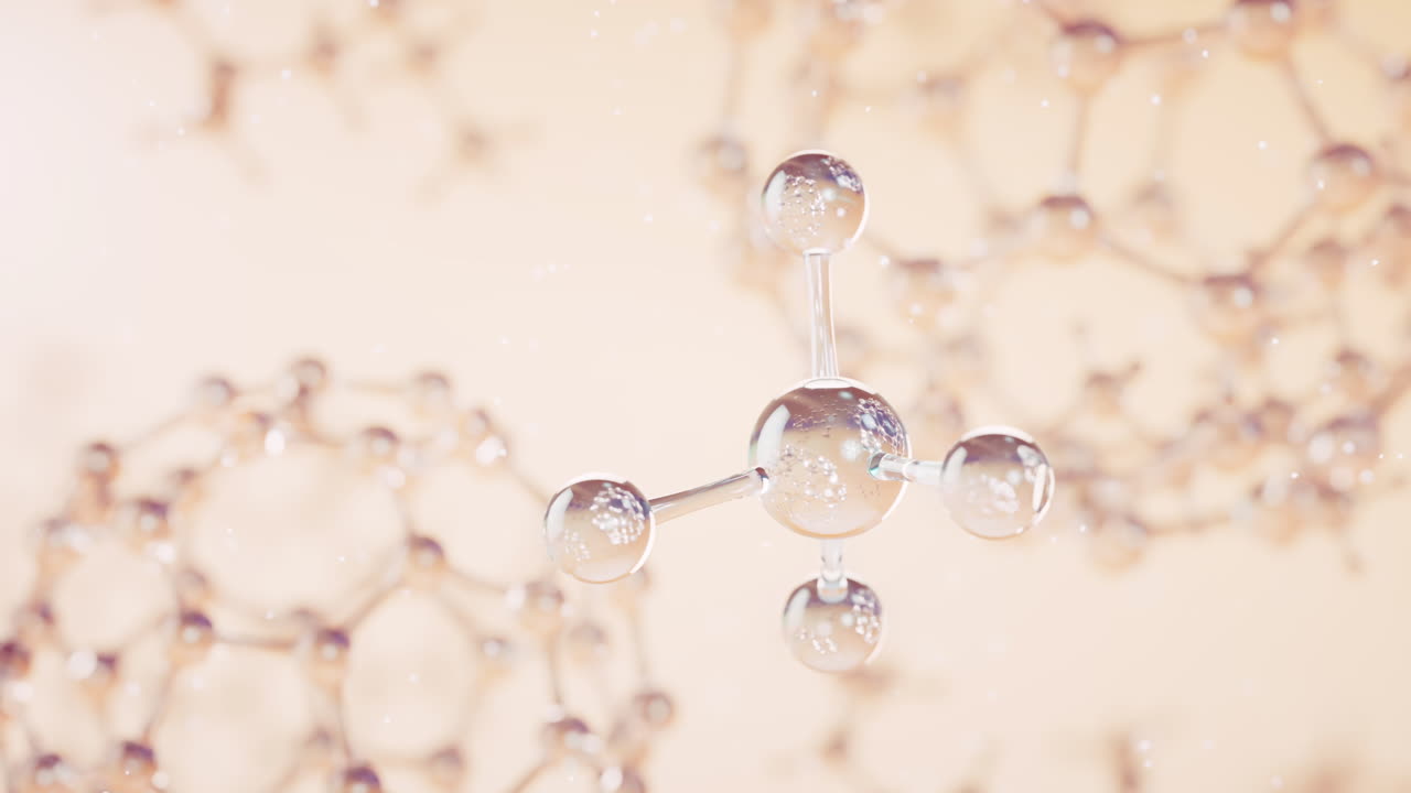 노란색 배경의 화학 분자, 3d 렌더링