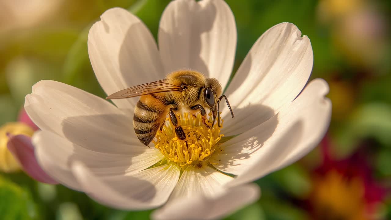 Feeding honey bee settling on pink daisy in garden after sun warming petals and collecting pollen