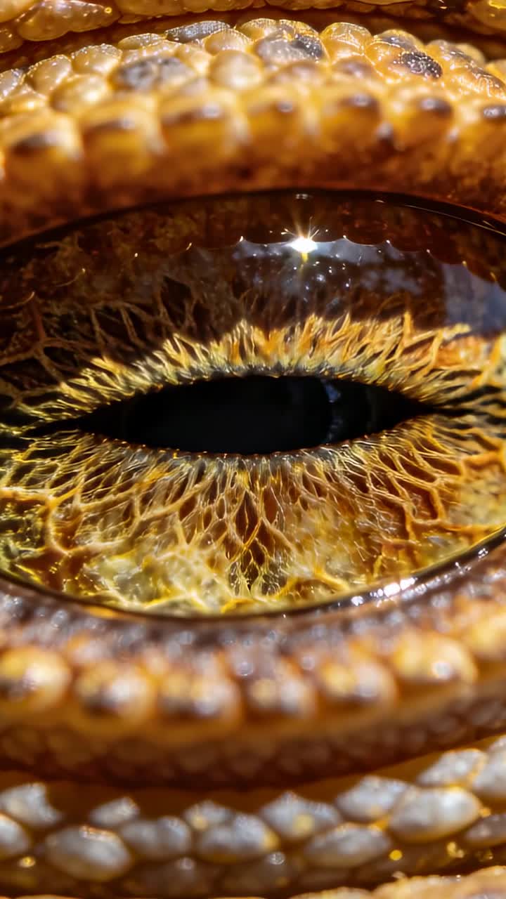 Video verticale: Telecamera macro che si sposta mentre cattura l'occhio di un rettile, rivelando la pupilla a fessura