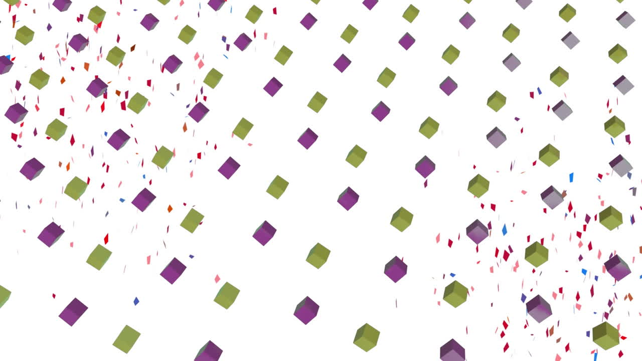 Animation of colorful geometrical and confetti falling shapes over white background