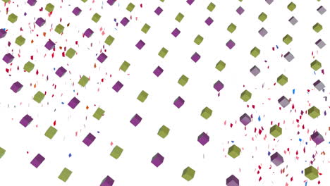 animación de coloridas formas geométricas y confeti que caen sobre un fondo blanco