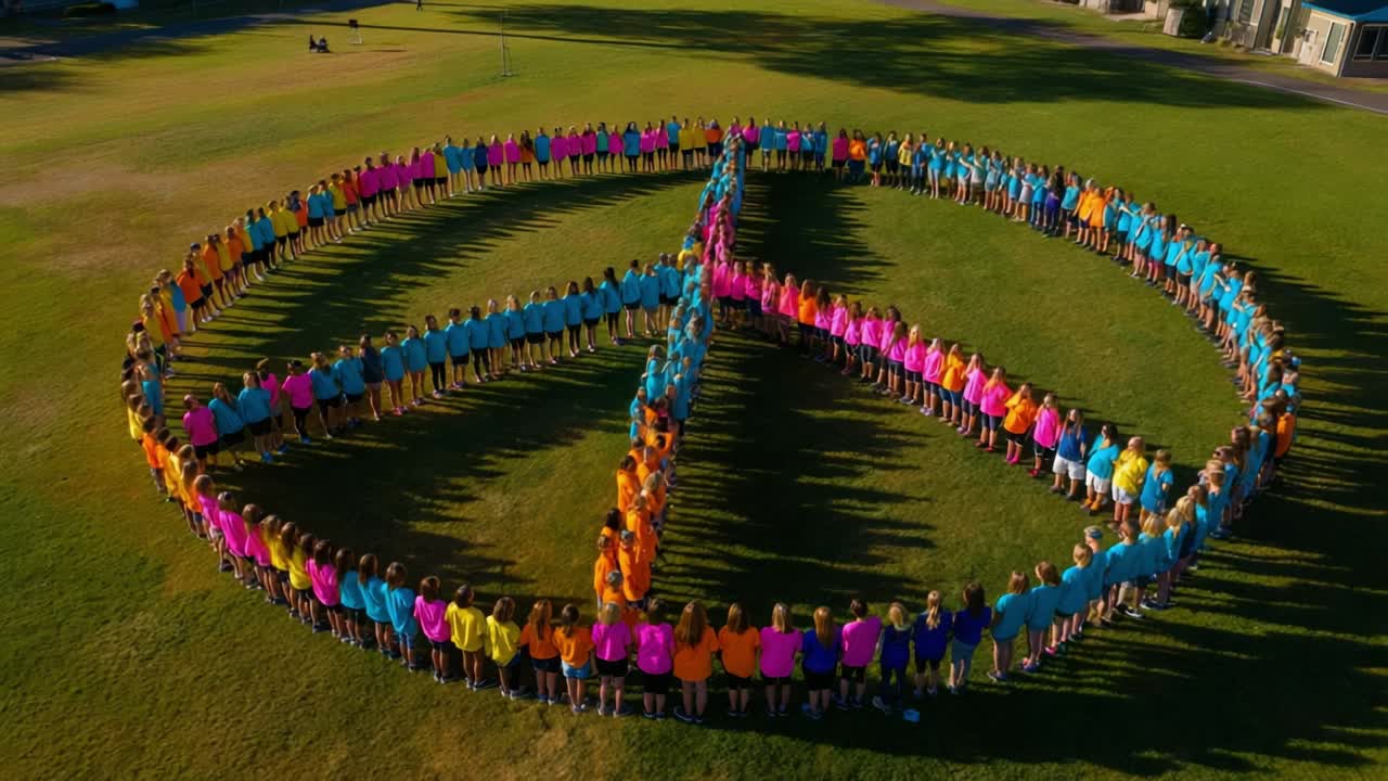 Group of people forming a peace symbol on a grassy field