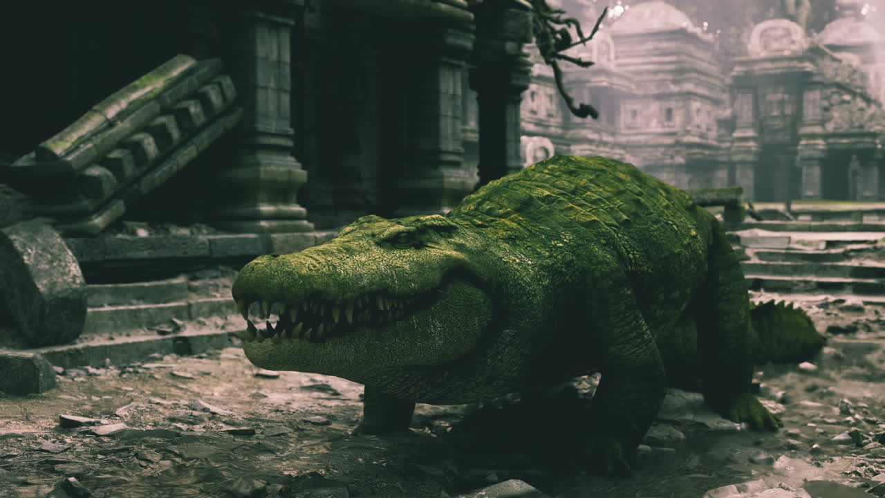 Crocodile exploring ancient ruins covered in moss and vegetation