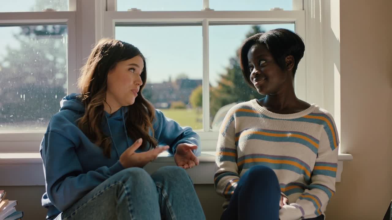 Starting support left student blue hoodie gesturing peer striped top nodding at window seat laptop