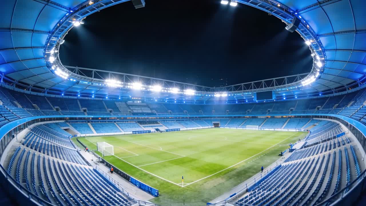 Telecamera che zooma sugli spalti mostrando un'arena ovale illuminata di notte, con campo in erba e porta che si preparano per la partita
