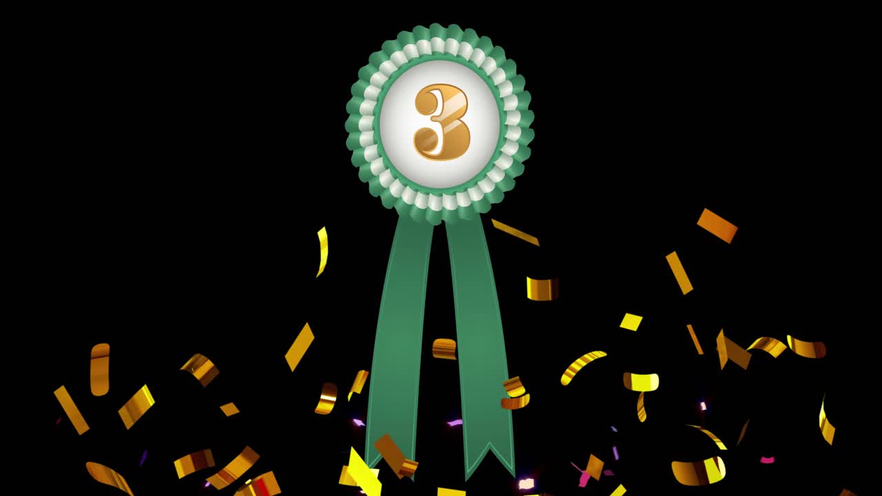 Animation of green and white rosette with number 3 and falling gold confetti on black background