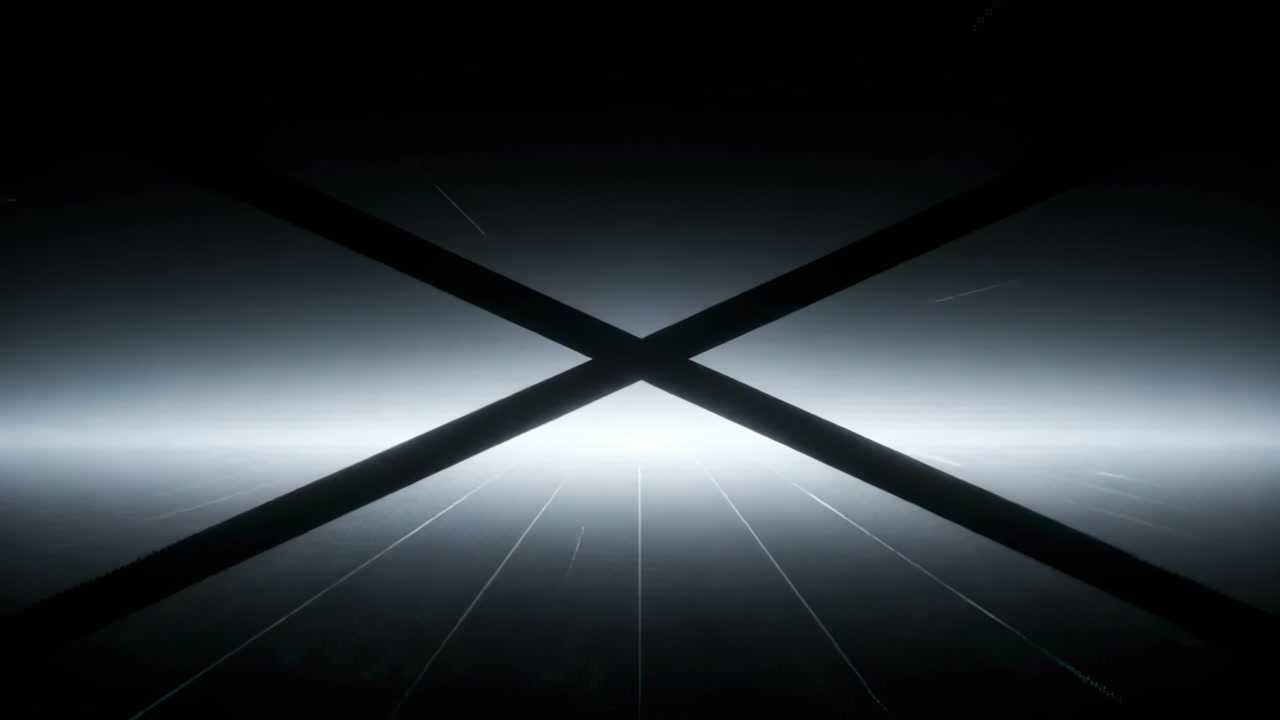Framing X beams crossing center at dark studio, glowing band causing grid floor streaks drifting