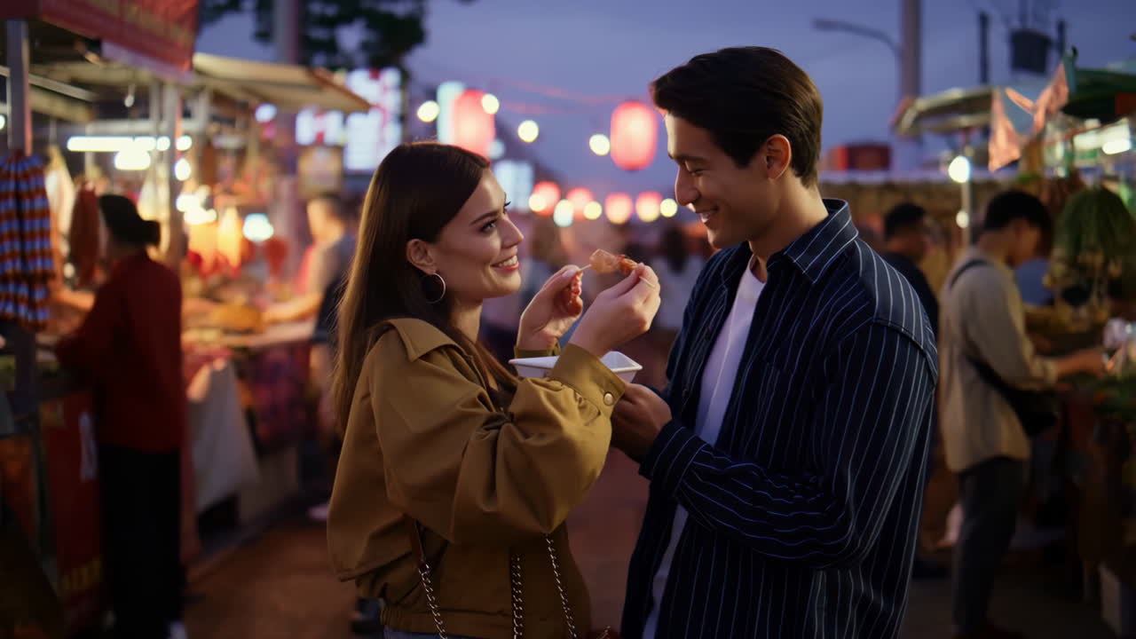 Couple enjoying street food at a night market