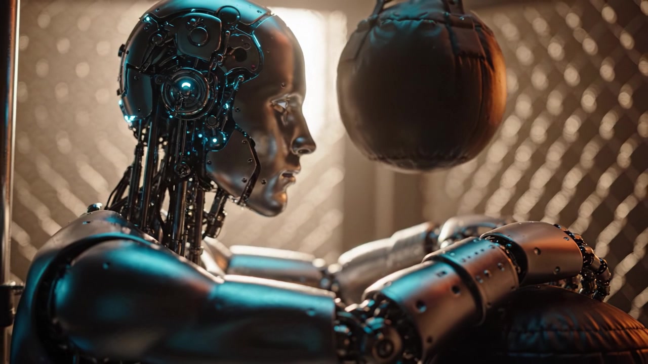 Robot futuristico impegnato nell'allenamento di boxe con un sacco da pugilato, che mostra tecnologia avanzata e design meccanico in un ambiente ad alta intensità.