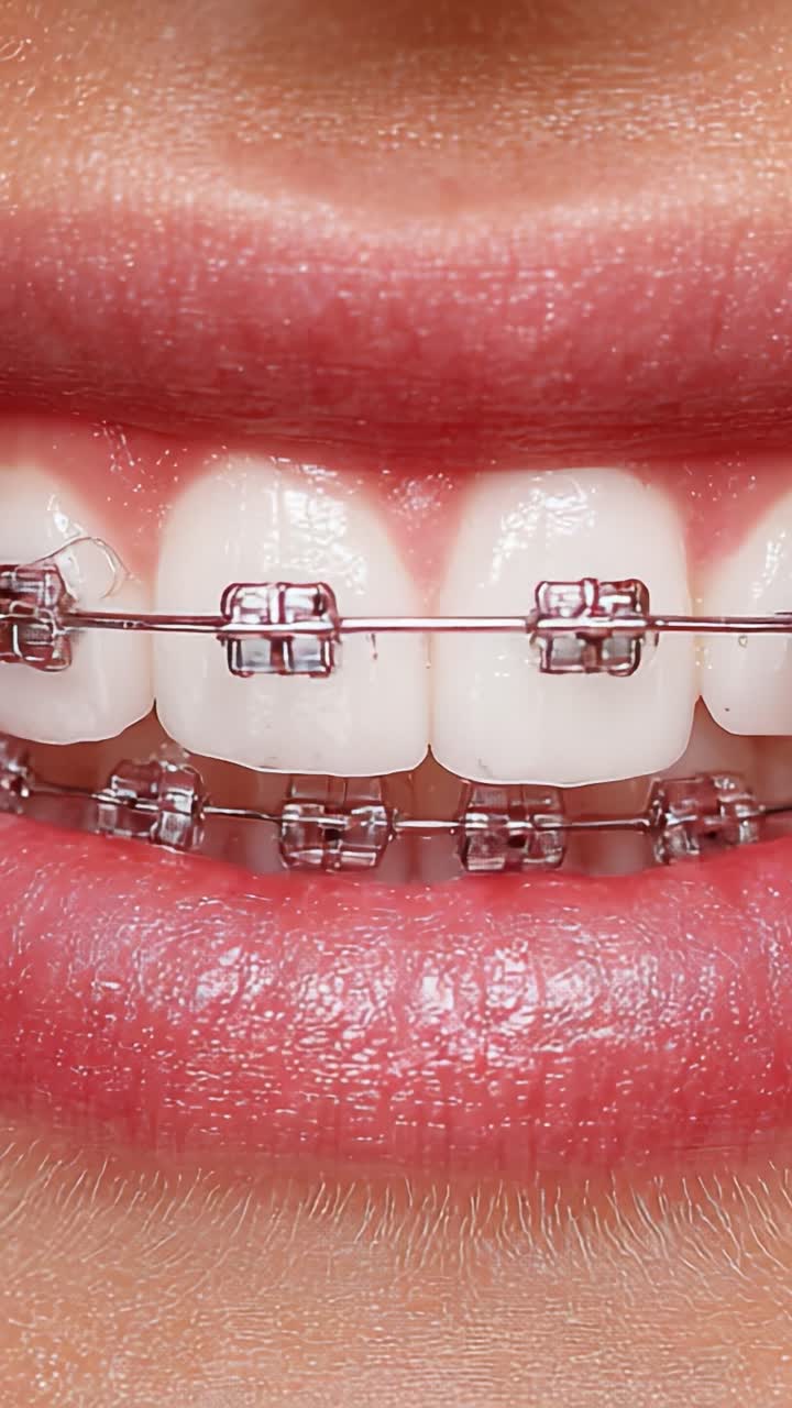 Close-Up View of Teeth with Conventional Braces, Highlighting Orthodontic Treatment Progress and Dental Health for a Perfect Smile
