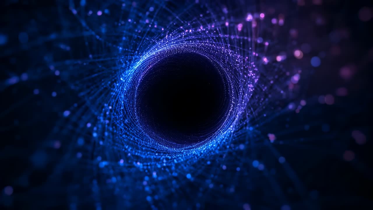 Anello di particelle rotanti che orbita nel vuoto in un tunnel 3D mentre il nucleo emerge, con fili blu e rosa pulsanti