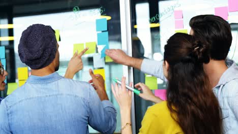 executives discussing over sticky notes on glass wall