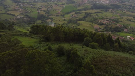 Aerial-view-of-woods-and-houses-in-the-nature-in-Asturias