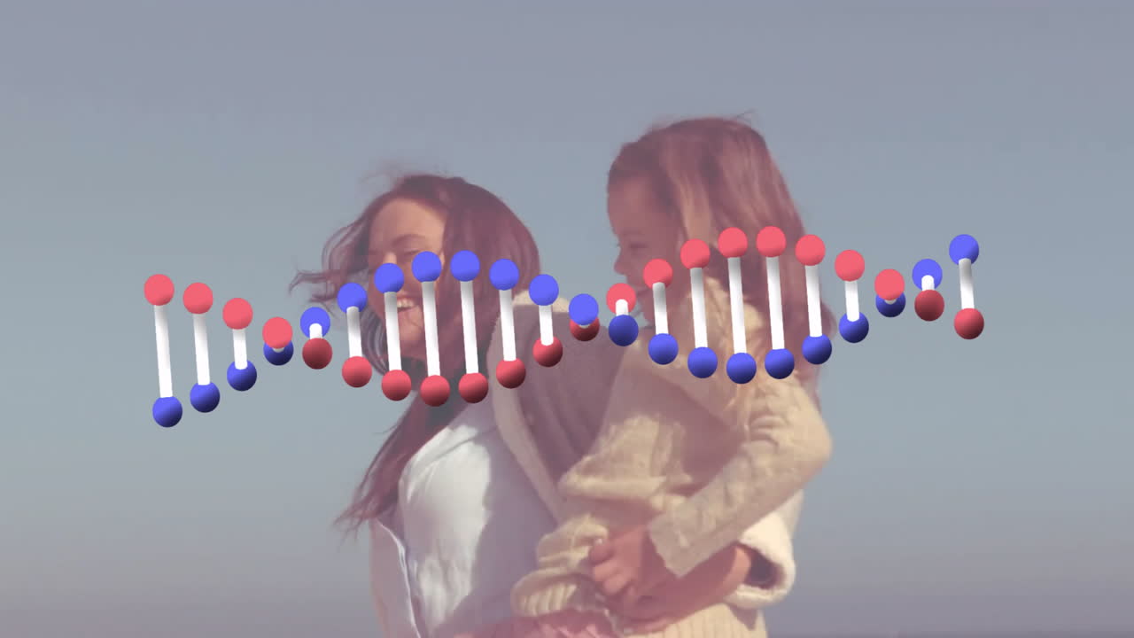 Mother carrying child at beach with DNA strand animation overlay