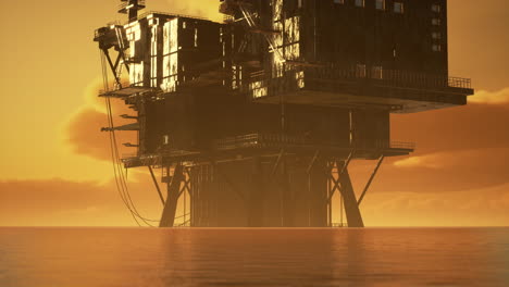 old oil platform during sunset in ocean