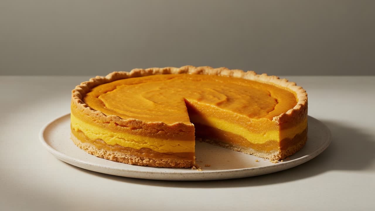 A delicious orange or yellow pie with a slice removed, on a white plate