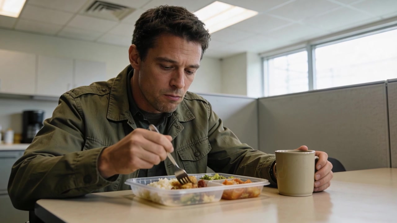 Hombre con chaqueta verde oliva comiendo en el comedor de la oficina durante la pausa del almuerzo, sosteniendo un tenedor, una caja de comida para llevar y una taza.