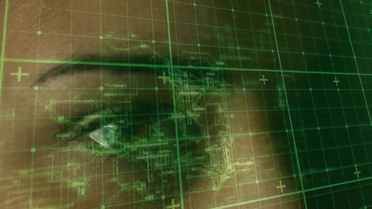 animación del procesamiento de datos sobre el ojo de una mujer caucásica