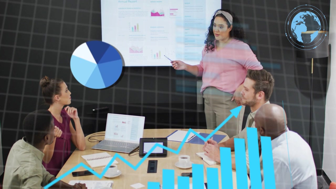 Woman presenting business on screen, pointing, activating bar-line, pie charts, collecting data
