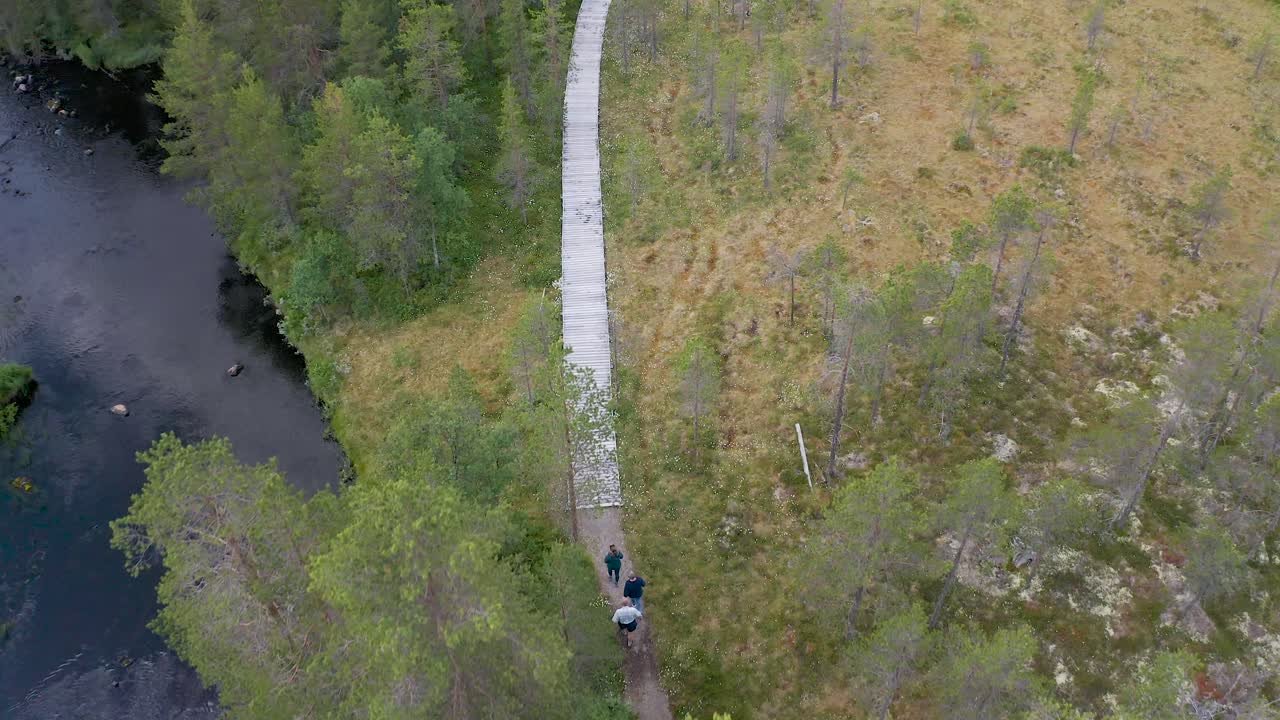 Luftfoto af folk der vandrer på en gangbro gennem en skov ved en flod