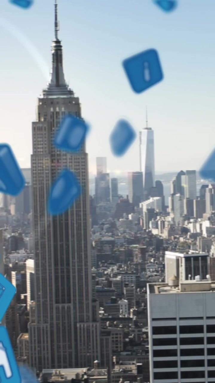 Animação de ícones 3D caindo sobre vista aérea de paisagem urbana moderna contra o céu