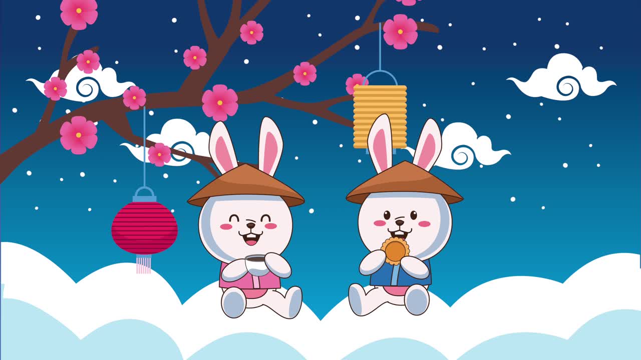 토끼가 차를 마시고 구름에서 쿠키를 먹는 가을 중간 축제 애니메이션