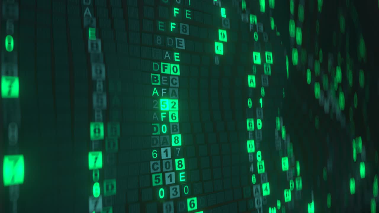 Green digital HEX code rain seamless loop 3D render animation