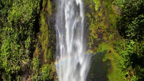 Close-up-of-tropical-waterfall-flowing-through-humid-vegetation