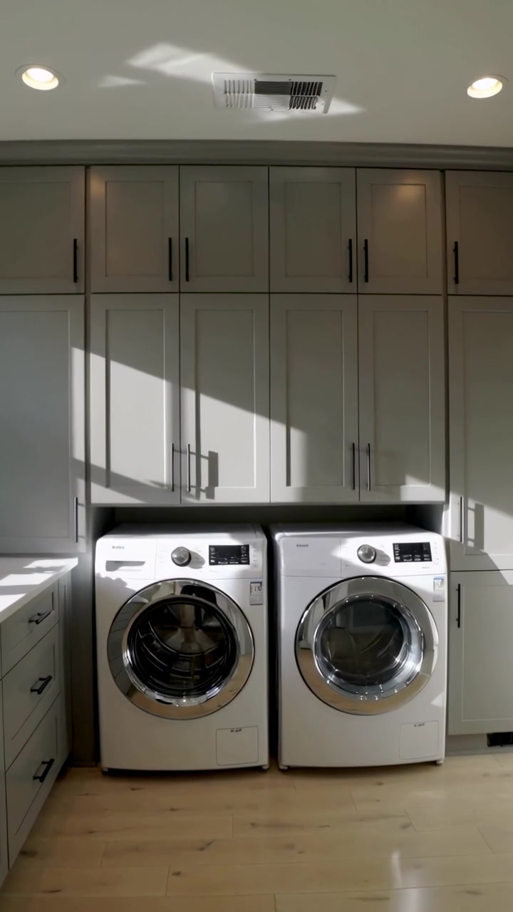 Vertical video: Shifting window sunlight across laundry cabinets, washer and dryer, camera tilting