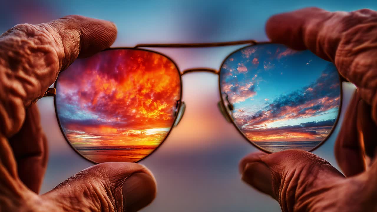 A Stunning Contrast of Evening Skies Reflected in Sunglasses, Featuring Vibrant Shades of Orange, Red, and Blue, Capturing the Beauty of Nature's Canvas at Dusk
