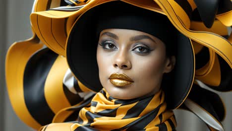 bold fashion statement with vibrant hat and striking makeup
