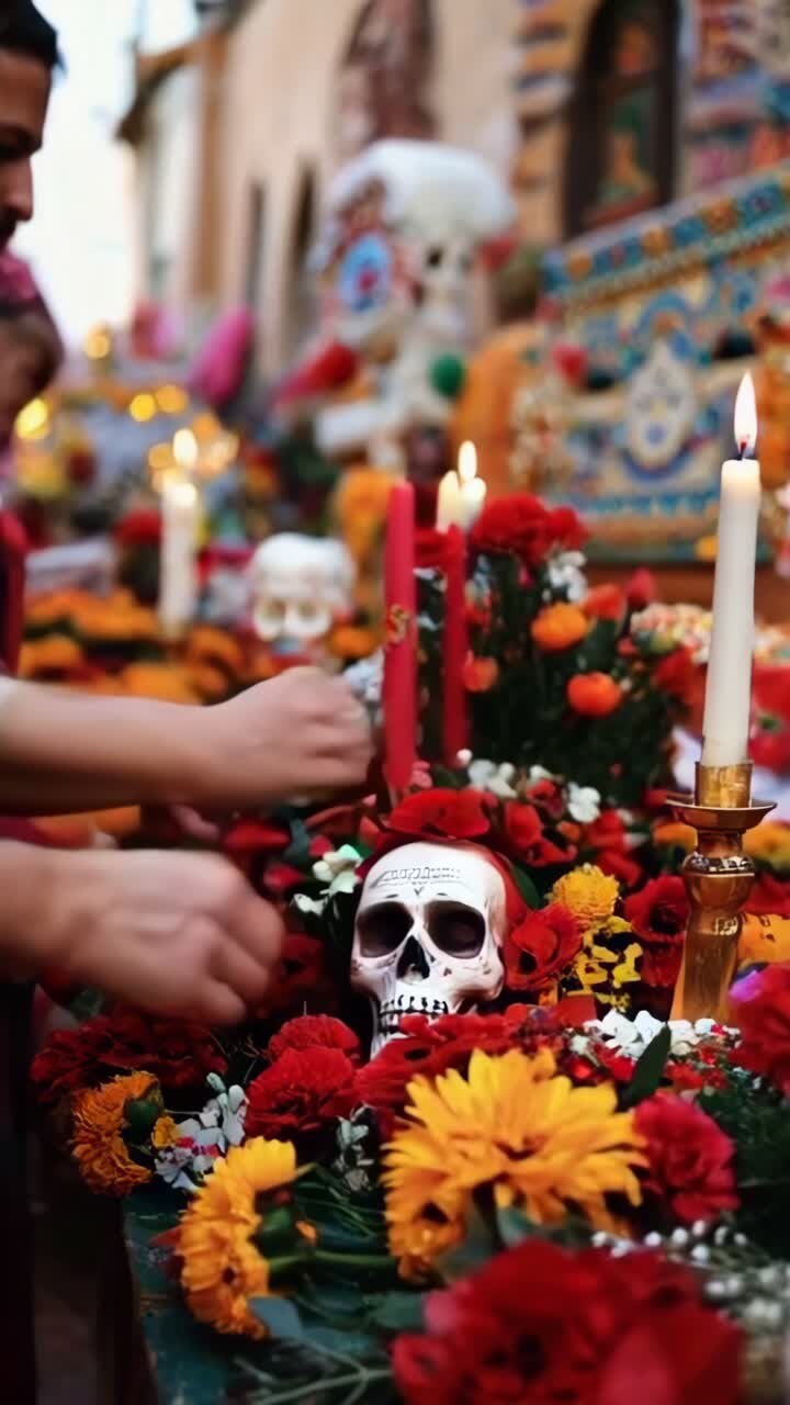 A person is lighting candles in front of a skull and flowers, Dia de Muertos in Mexico