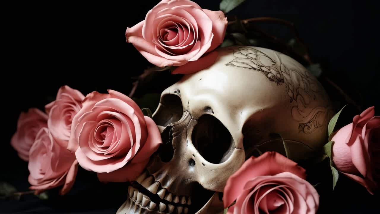 Human skull adorned with pink roses and a butterfly tattoo resting on a dark background, symbolizing the interplay of life and death, beauty and decay in a striking composition