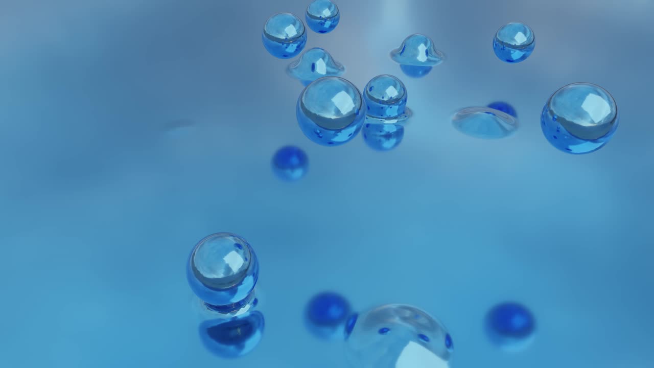 빛나는 추상적인 구체가 유체 파란색으로 가라앉습니다. - 3d 애니메이션