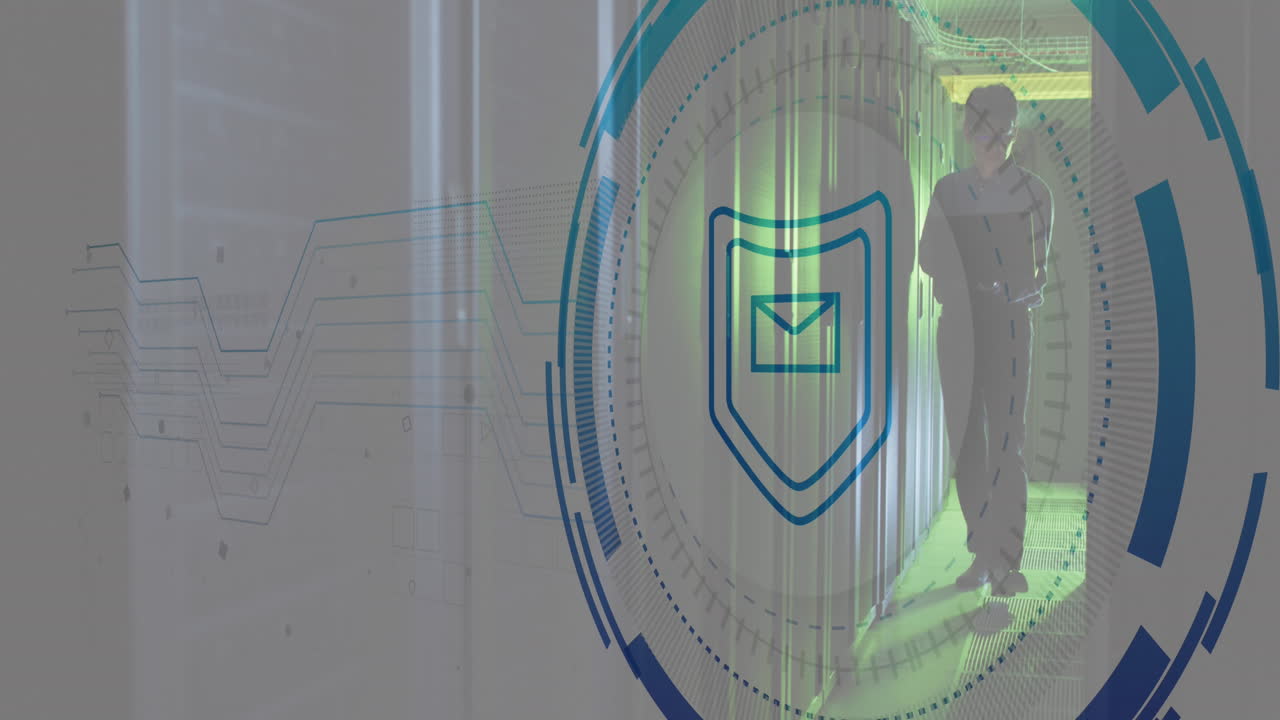 Animation of shield, envelope, circles, asian male engineer walking and using laptop in server room