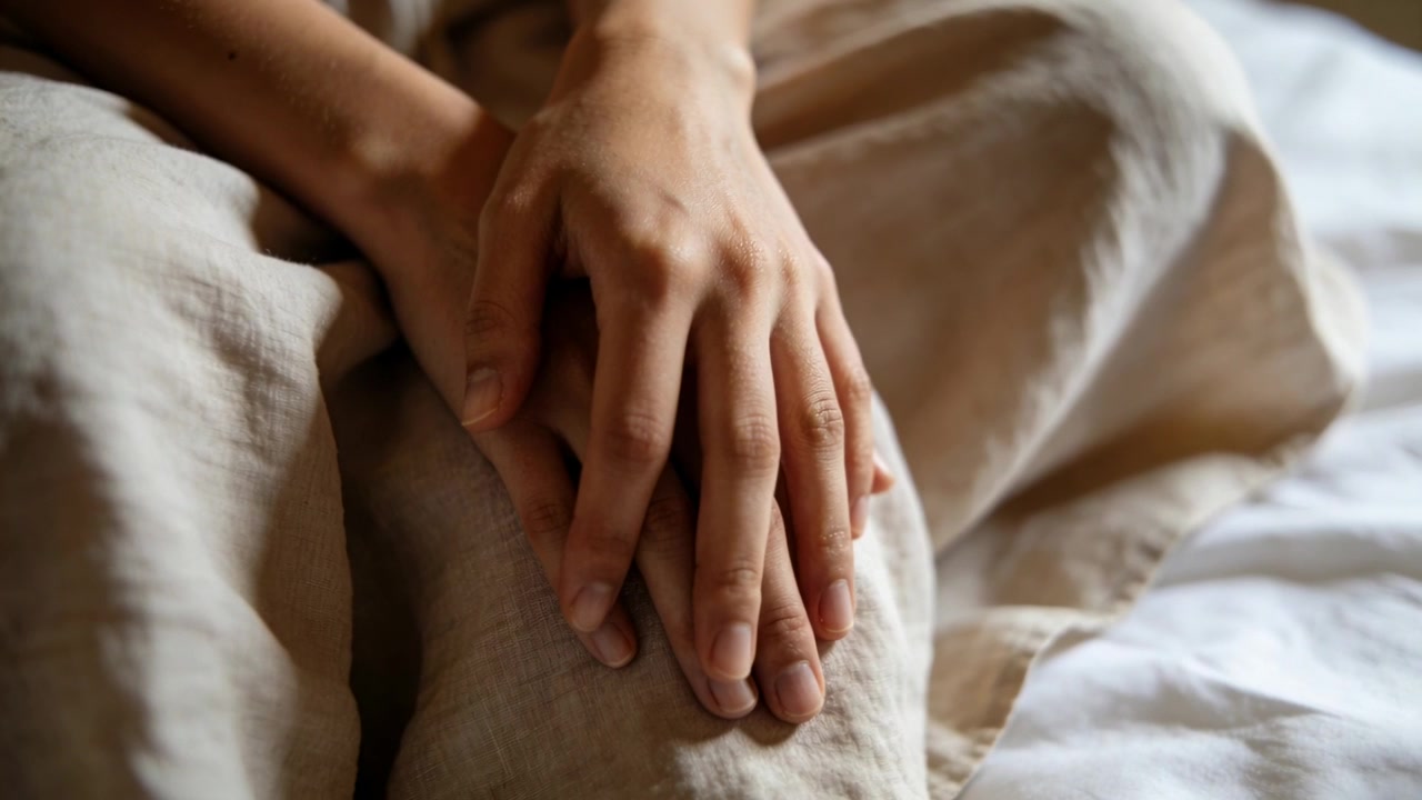 Inizio registrazione telecamera, persona seduta con le mani appoggiate sul ginocchio su un tessuto di lino, che respira e muove le dita.