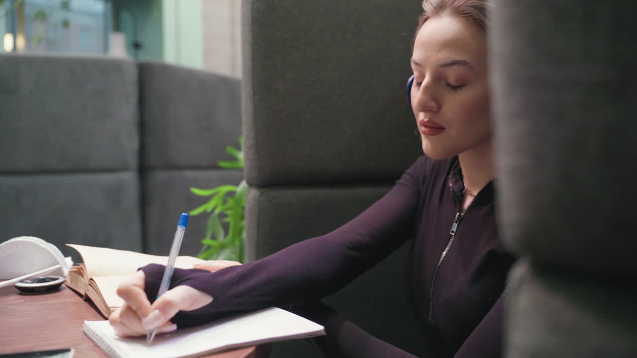 Light skin lady with long brunette hair wearing headset and writing with pen on paper in cozy booth as cushioned partition partially blocks view, creating soft private workspace ambiance